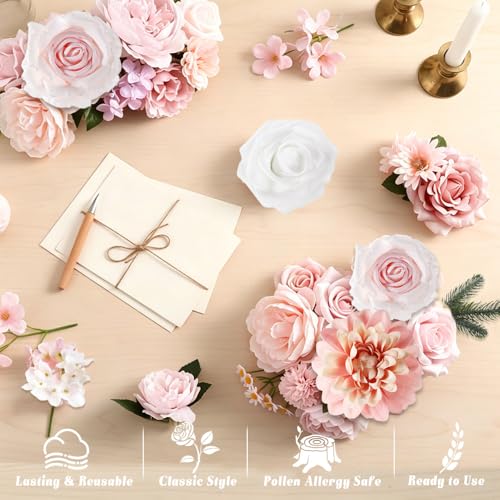 Pink Artificial Flowers Combo, Fake Flowers Mixed Rose Peonie Dahlia, Pink White Silk Flowers with Stems for Wedding Bouquets Centerpieces Floral Arrangements Party Baby Shower Home Decor - color: Pink & White
