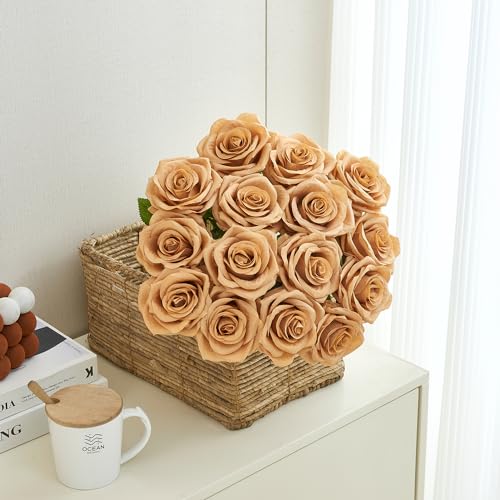 15pcs Fake Roses Artificial Silk Flowers Faux Rose Flower Long Stems Bouquet for Arrangement Wedding Centerpiece Party Home Kitchen Decor - color: 15pcs Tan