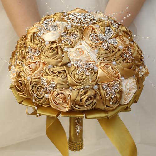 Handmade Wedding Flowers Bouquet Round Holding Bridal Bouquet Artificial Satin Roses Bunch for Bride Bridesmaid Wedding Quinceanera - color: Gold, Light Gold & Cream, size: Large (Dia. 9.8"/25cm)