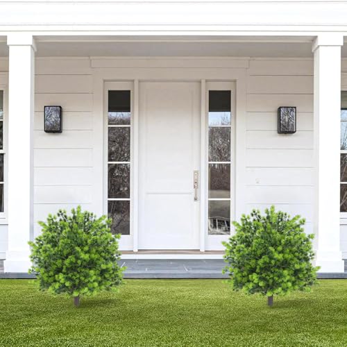 ENVEN Artificial Boxwood Topiary Ball Trees with Ground Spikes UV Resistant Faux Greenery Shrubs Fake Shrubs for Outdoors, Realistic Faux Plants Bushes for Garden Porch Yard Patio Decor (Green Pine) - color: Green Pine