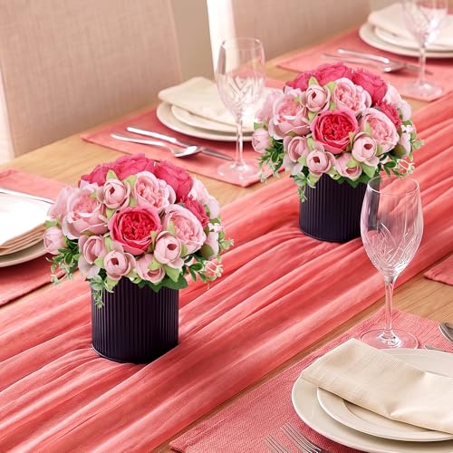 Pre-Made Flower Table Centerpieces, Set of 6 Artificial Silk Peonies with Black Vases for Wedding Reception, Modern Floral Decor for Birthday Party, Anniversary Ceremony - Hot & Pastel Pink - color: Hot Pink & Pastel Pink