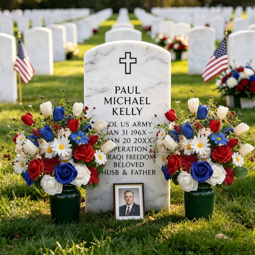 8PCS Patriotic Artificial Flowers Mixed Bush Red White Blue Rose Tulip Flowers Memorial Day Flower Bouquet for 4th of July Independence Day Grave Home Table Decoration