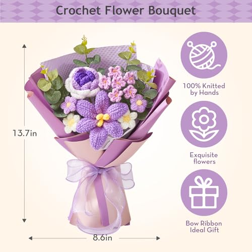 Alecono Crochet Flower Bouquet, Purple Knitted Flowers, Handmade Bouquet of Flowers for Lover Anniversary Birthday Party Mother's Day Graduation Teacher's Day Gifts (Include Card) - color: Purple B