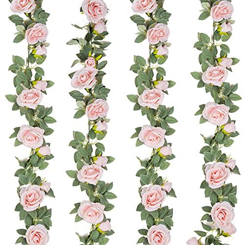 TELDRASSIL 4Pcs(26 FT) Artificial Rose Vine Fake Flower Garland Fake Silk Rose Hanging Vine for Wedding Party Background Arch Garden Background Decoration (Pink) - color: Pink