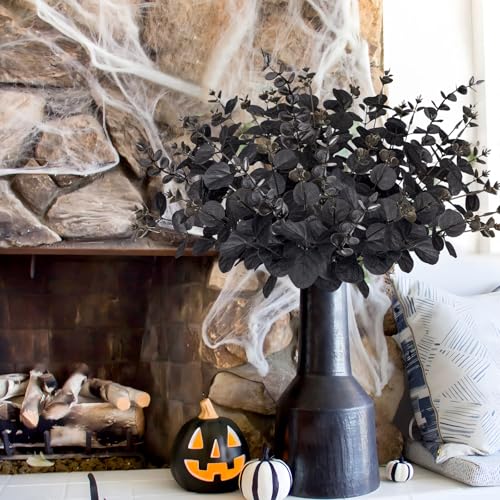 Yen Jean 20PCS Black Halloween Decor Artificial Flowers Bulk - Eucalyptus Stems Branches Decorations for Table Indoor Centerpieces Party Supplies - style: Black