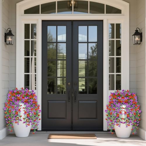 Artificial Hanging Flowers for Outdoors Decorations 2 Pack, Fake Hanging Flowers, UV Resistant Artificial Hanging Plants Outdoors for Home Porch Patio Balcony Baskets Yard(Purple & Red) - color: Purple Red