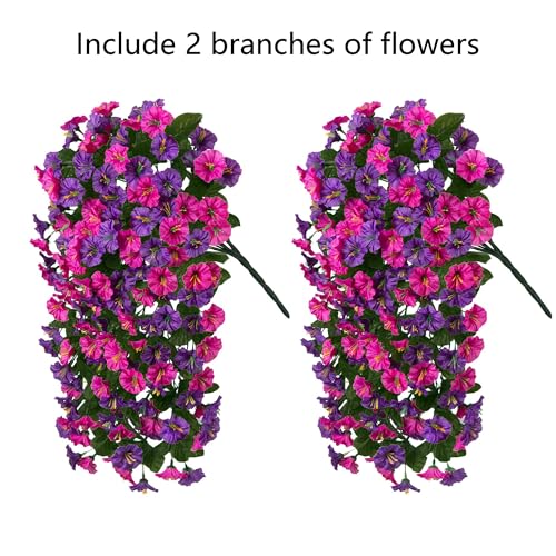 HyeFlora Artificial Fake Hanging Flowers Plants for Outdoor Outside, 2PCS Faux Silk Morning Glory Trailing Vines UV Resistant Look Real for Home Planter Porch Patio (Dark Purple and Fuchsia) - color: Dark Purple and Fuchsia 2