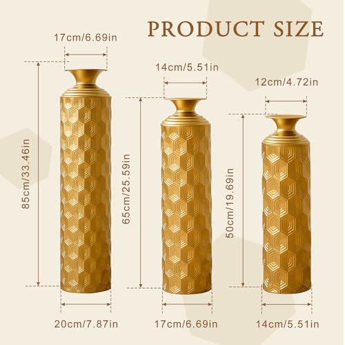Metal Floor Vases Decorative, Set of 3 Flower Arrangement Stand, Metal Decorative Vase Tall Distressed Metallic Centerpiece Vases with Hexagon Textured, 33.46", 25.59", 19.69" H (Gold) - color: Gold