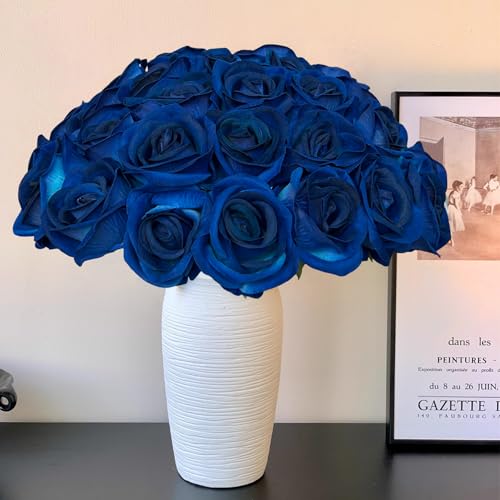 FagusHome 30 Pcs Silk Rose Artificial Flowers Roses Bulk Bouquet Fake Flowers Rose Heads with Stems for Home Wedding Decor (Dark Blue) - color: Dark Blue