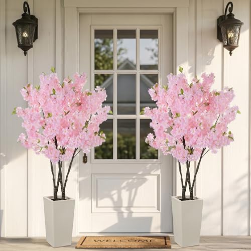 BLOSMON Cherry Blossom Tree for Porch: 5ft Pink Fake Flowers Artificial Tree with Tall Planter for Outdoor Decorations - Faux Sakura Plants for Indoor Home Living Room - color: Pink Cherry Blossom