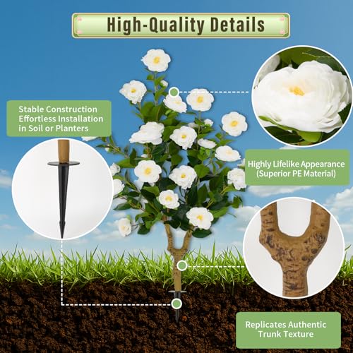 35.5" Artificial Camellia Tree Set of 2, White Faux Flower Tree, UV Resistant Fake Greenery with Ground Spike for Indoor Outdoor Front Door Home Garden Decor - color: Camellia