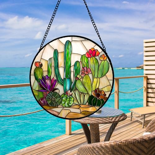 DASTOLL Stained Glass Window Hanging, White Green Cactus Suncatcher Diamond Glass Panel Hangings Sun Catchers Decor for Birthday for Women, Men, Wife, Aunt, and Mom 14.9x14.9 in - color: Green, size: 14.9x14.9 IN