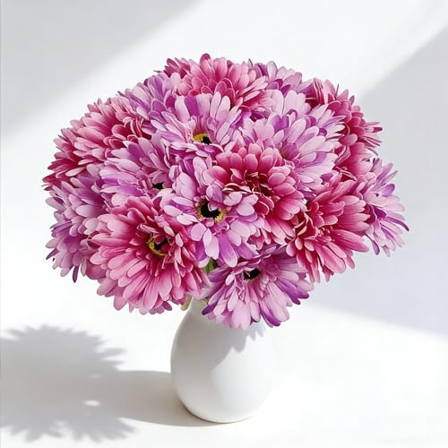 16Pcs Hot Pink & Purple Artificial Flowers Gerbera Daisy Bulk,Lifelike Faux Daisy for Wedding Bouquet Table Centerpiece Home Decor - color: Fuchsia
