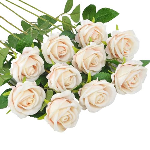 Kenpal Realistic Fake Roses Artificial Flowers with Stem for Decoration Floral Arrangement Centerpieces Wedding Bouquets (10, Champagne) - color: Champagne
