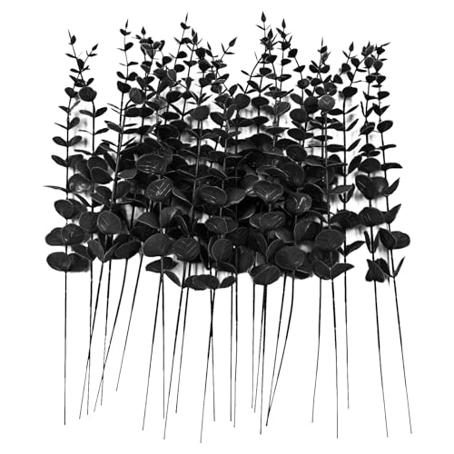 ABAJI 24 PCS Eucalyptus Stems Plastic Vivid Leaf Decorations Artificial Leaves Fake Faux Greenery Plant for Home Office House Table Desk Decor Wedding or Party Vase Forever Live - color: Black