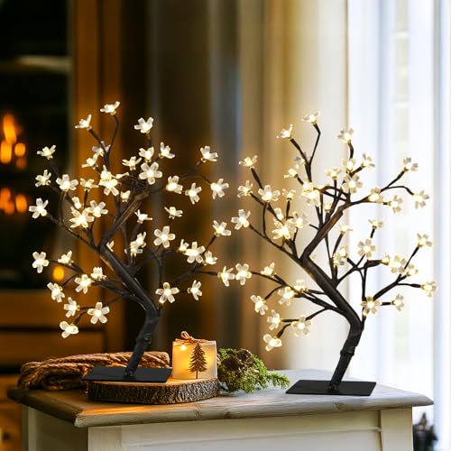 PEIDUO Set of 2 Lighted Cherry Blossom Tree, Light up Bonsai Tree for Christmas Decorations, Warm White Lights Plug in Adapter, Tabletop Night Light Artificial Tree for Indoor Bedroom Living Room - style: 2PK Cherry Blossom Tree