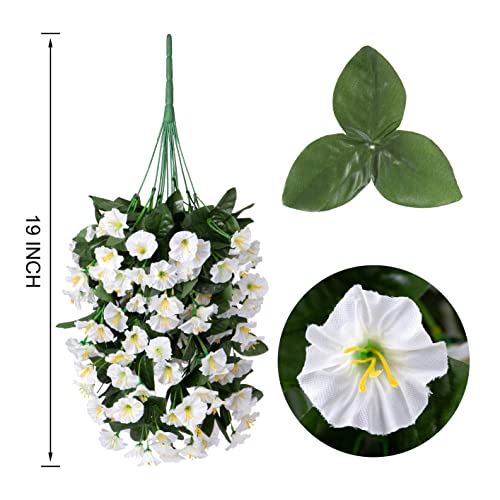 HyeFlora Artificial Fake Hanging Flowers Plants Vines for Outdoor Summer Decoration, 2PCS Faux Silk White Morning Glory Look Real UV Resistant for Home Outside Planter Porch Patio - color: White