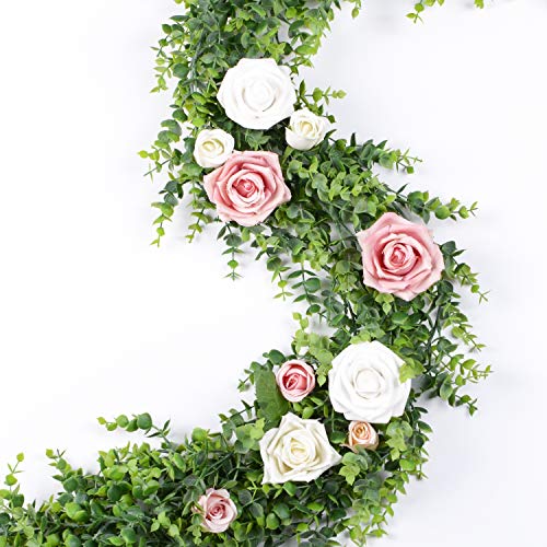 DearHouse 6 Pack Faux Eucalyptus Garland Plant, Artificial Vines Hanging Eucalyptus Leaves Greenery Garland for Wedding Backdrop Arch Wall Decor, 5.9 Feet/pcs UV Protected Indoor Outdoor