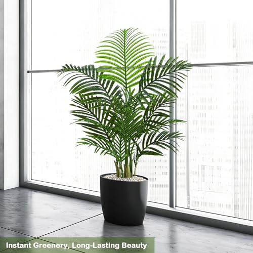 Artificial Palm Tree Indoor, 3.5FT Tall Faux Plants, Fake Tropical Silk Floor Plant with White Planter, Faux Areca Palm Plant Artificial Tree in Pot for Home Room Office Outdoor Patio Decor