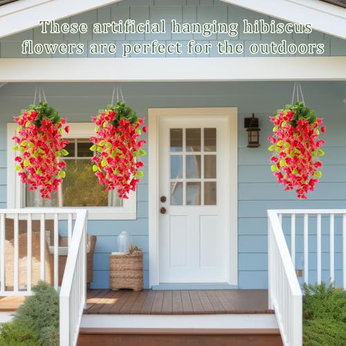 XunYee 8 Pcs Artificial Hibiscus Flowers for Outdoors Spring Summer Decor Fake Hanging Flowers Plants Uv-Resistant Faux Hibiscus Flower for Outside Porch Patio Front Door (Red) - color: Red