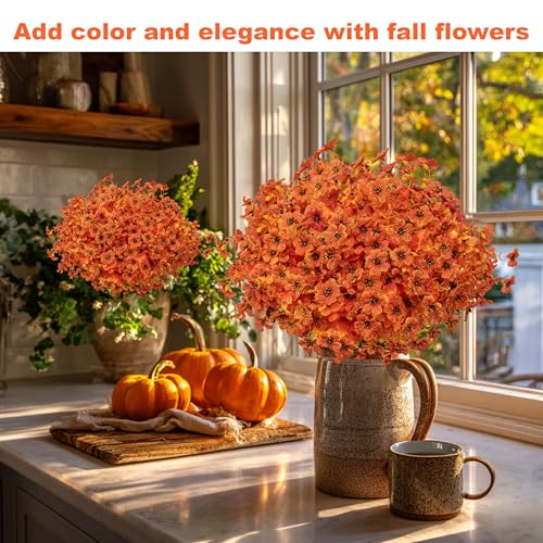 AXYLEX Artificial Fall Flowers Outdoor Fake Mums - 16 Bundles Fake Plants UV Resistant No Fade Faux Plastic Greenery Garden Porch Patio Fall Home Decor (Orangeyellow) - color: Orangeyellow