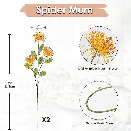 Hollyone 33" Orange-Yellow Artificial Mums Flowers Chrysanthemum Flowers 2Pcs Fake Spider Mum Flower Arrangement Faux Pincushion Flower with 3 Heads Long Stem for Party Centerpiece Bouquet Home Decor - color: Yellowish-orange