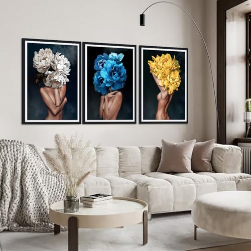 Flower Head Woman Canvas Wall Art Sexy Women Nude Posters Wall Decor Girls with Colorful Flowers Prints Artwork for Living Room Bedroom Bathroom Hotel Framed Ready to Hang 24x36inchx3pcs - color: Art01, size: 24x36x3Pcs Black Framed