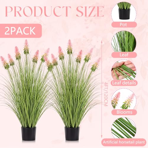 Jexine 2 Pieces 4 ft Artificial Tall Grass Plants Outdoor with Pink Cockscomb Flower Tall Artificial Grass Green Onions Plant Potted for Housewarming Gift House Garden Lobby Outdoor - color: Pink Cockscomb Flower