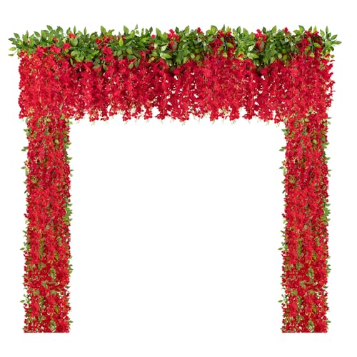 U'Artlines 10Pcs 7.2 Ft/Piece Artificial Wisteria Garland Silk Fake Red Wisteria Flowers Hanging Greenery Vines Garlands Rattan for Home Garden Wedding Arch Party Indoor Outdoor Décor - color: Red