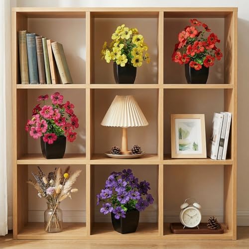 LOYWREE 4 Pack Small Faux Plants Spring Artificial Silk Flowers Fake Plants Indoor Bathroom Accessories for Home Room Office Desk Decor(Black Square Pot) - color: Daisy-black Pot, size: Black Pot