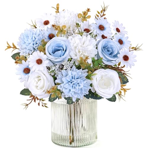 Dremisland Artificial Flowers 2 Packs Mixed Blue & White Silk Artificial Roses Bouquet with Daisy Chrysanthemum Fake Blue Flowers Bouquet for Vase Centerpiece Table Wedding Party Home Decor - color: Blue White, size: 2PCS