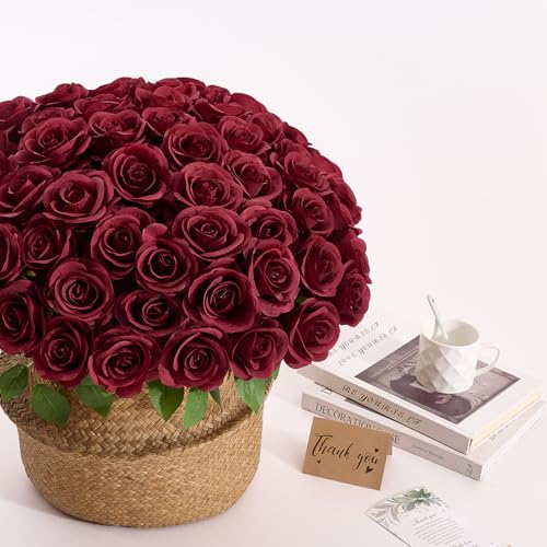 60 PCS Fake Burgundy Roses Artificial Burgundy Flowers Bulk Realistic Silk Faux Rose with Stems for Wedding Decoration Anniversary Bridal Bouquet DIY Floral Arrangement Romantic Home Decor Gifts - color: Burgundy