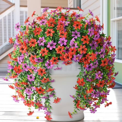 Homsunny Artificial Fake Flowers Plants for Outdoor Spring Summer Decoration, 2 PCS Faux Silk Daisy Hanging Flower Outside UV Resistant Look Real for Patio Porch Garden Balcony Home Decor(Red Purple) - color: Red Purple