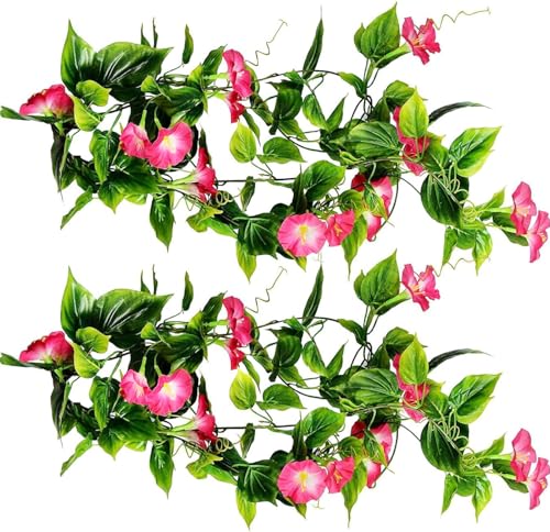 Artificial Morning Glory Flower Vines, Fake Hanging Plants Green Vine Silk Garland Flowers Faux Greenery Plastic Plant for Indoor Outdoor Garden Wall Fence Stairway Wedding Home Decor Pink 2 Pack - color: Morning Glory Vines - Pink 2 Pcs