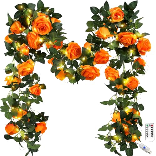 FiveSeasonStuff 29 Ft 4 Pack Mandarin Orange Rose Silk Flower Garland Artificial Flowers Decoration Hanging Floral with 66 feet String Lights - color: Mandarin Orange With String Lights