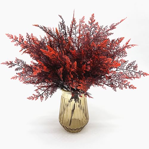 PASYOU Artificial Fern Plants, Fake Ferns Shrub Plant Plastic Greenery Faux Grass Leaf Stems Boston Leaves for Outdoor Indoor Home Garden Décor Party Office Wedding DIY Decoration Red 4 Pack - color: Red Fern Shrubs - 4 Pack