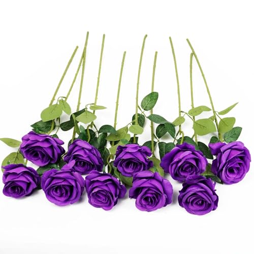 10pcs Purple Silk Roses Artificial Rose Flowers Long Stem for DIY Wedding Bouquet Table Centerpiece Home Décor - color: Purple
