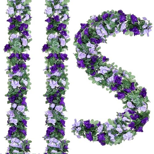 BSMYBO 5Pcs 82 FT Artificial Purple Rose Flower Garland, Faux Silk Rose Garland, Purple Party Decorations, Lavender Flower Hanging Flower Vines for Backdrop Decoration Tea Party Wedding Birthday - color: Purple, size: 5pcs