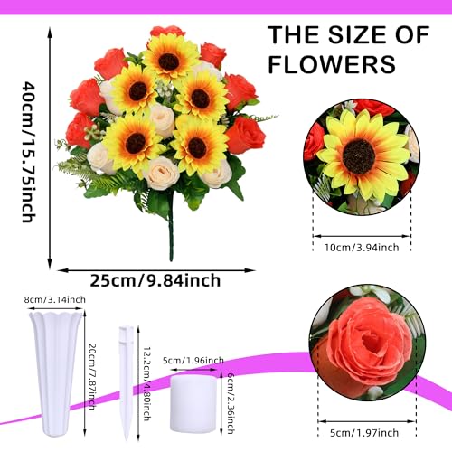 Lodou Artificial Cemetery Flowers for Grave,Set of 2 Artificial Rose Sunflower Bouquet Graveyard Memorial Flowers for Outdoor Grave Decorations ﻿ (Orange Beige) - color: Orange Beige