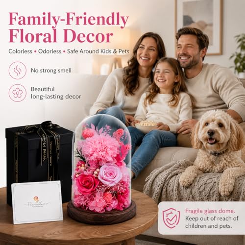 Preserved Flowers in Glass, Eternal Real Flowers with 1 Carnation & 2 Pink Roses for Women Mom Grandma Forever Rose Bouquet for Anniversary Birthday Mother's Day Lasts 3-5 Years(No Lights) - color: Light Pink