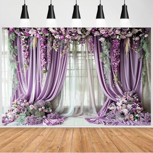 Purple Flower Wall Background Photography Purple Curtains Lavender Butterfly Backdrop for Girls Birthday Bridal Party Decorations Portrait Photo Studio Booth Props