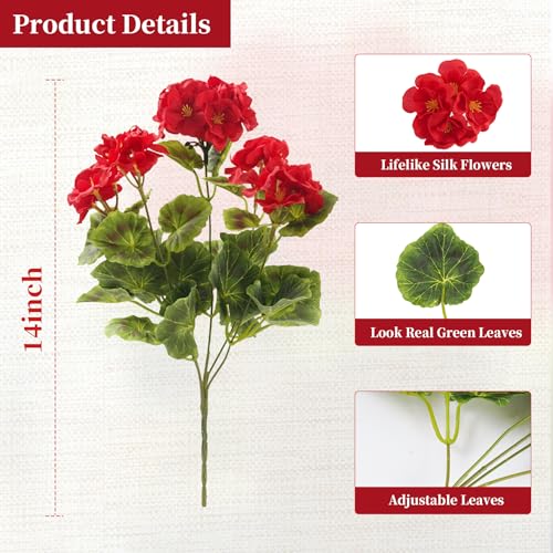 Artificial Geranium Fake Flowers for Outdoors Decoration, 6 Bundles Silk Geraniums Red Flower UV Resistant Look Real Faux Plants for Outside Planter Front Door Garden Porch Patio Balcony Yard Home - color: Red, size: 6 pack