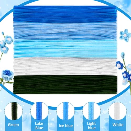 Peryiter 371 Pcs Pipe Cleaners Flowers Kit, Pipe Cleaners Chenille Stems Bulk with Floral Wire Gardening Tape Stamen, Fluffy Limpiapipas para Flores for DIY Mother's Day Decor(Blue & Green) - color: Blue & Green