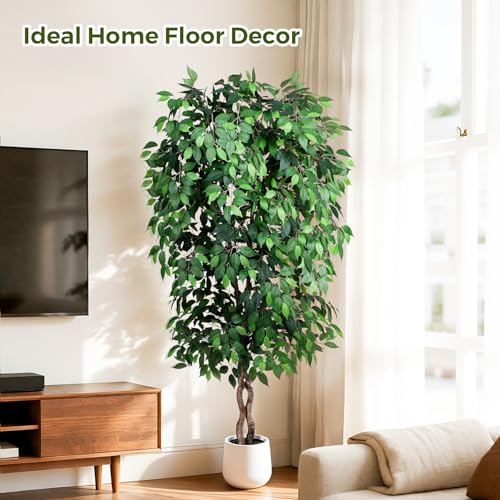 Jocoevol 7FT Artificial Ficus Tree, Tall Faux Trees Indoor with White Planter, Dried Moss, Natural Silk Leaves & Trunk, Fake Plants for Home Living Room Office Corner Decor Housewarming Gift - color: Green, size: 7ft