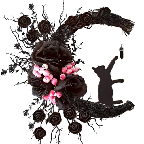 Halloween Wreaths for Front Door, Flower Moon Cat Halloween Home Decoration, Family Gathering Decoration Wreath，Outdoor, Wall, Closet, Fence, Wreath Christmas (Moon Cat Wreath Black) - color: Moon Cat Wreath Black