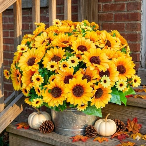 Realistic UV-Resistant Artificial Sunflowers - 6 Silk Bouquets, 78 Lifelike Flowers for Outdoor Planters, Wedding & Home Decor - color: Yellow