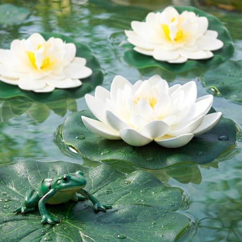 Suncalla 24 Pcs Artificial Floating Foam Lotus Flower with Water Lily Pad, 4", White Color Lifelike Ornament Home Garden Pond Decor Indian Decorations Return Gifts - color: White, size: 4"