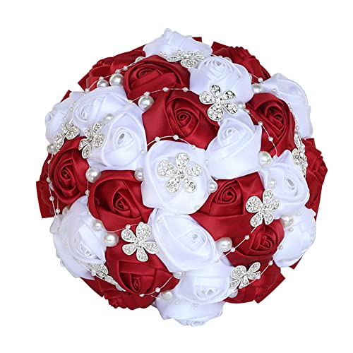 Sharebeauty 5.9 Inch Handmade Satin Rose Bridal Bouquet Toss Round Wedding Bouquet Throw Toss Artificial Flower Bunch Dark Red + White - color: W224 Dark Red/White, size: 5.9"/15cm