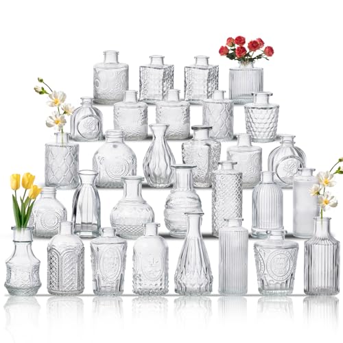 Glass Bud Vase Set of 30, Small Flower Vases, Glass Vases for Centerpieces, Vintage Home Table Decorations Bud Vases (30 Pcs, Clear) - color: Clear, size: 30 Pcs