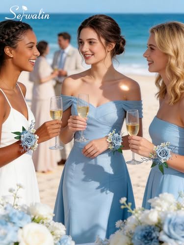 Serwalin 6 PCS Wrist Corsages for Wedding, Girl/Mother Bride Bridesmaids Corsages Wristlet Decor for Prom Wedding Anniversary Homecoming (Blue & Dusty Blue) - color: Dusty Blue, size: Corsage 6pcs